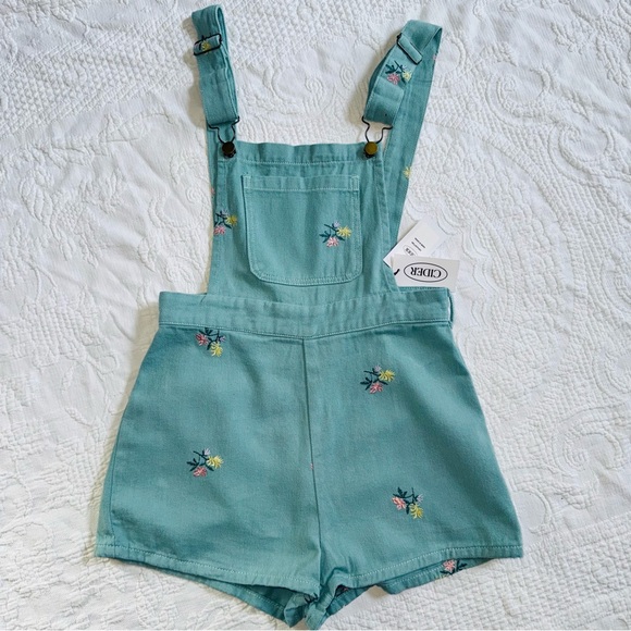 Cider Pants - Floral Embroidery Pocket Romper NWT Cider Size Small Teal Blue Green 100% Cotton